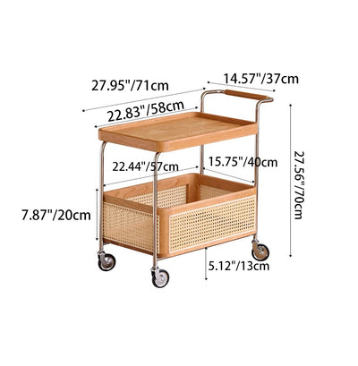 Zeitgenössischer Retro-Webstuhl Imitation Rattan PE Holz Edelstahl Rechteckiger Beweglicher Beistelltisch mit 2-stufigem Stauraum für das Wohnzimmer 