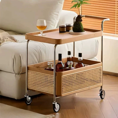 Zeitgenössischer Retro-Webstuhl Imitation Rattan PE Holz Edelstahl Rechteckiger Beweglicher Beistelltisch mit 2-stufigem Stauraum für das Wohnzimmer 