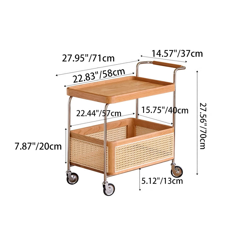 Zeitgenössischer Retro-Webstuhl Imitation Rattan PE Holz Edelstahl Rechteckiger Beweglicher Beistelltisch mit 2-stufigem Stauraum für das Wohnzimmer 