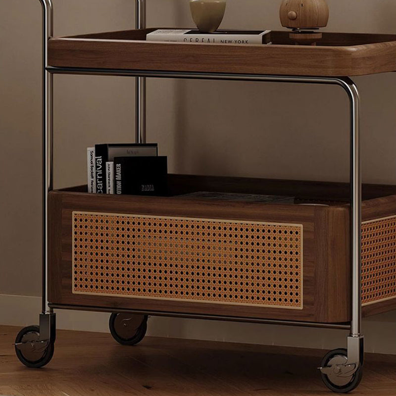 Zeitgenössischer Retro-Webstuhl Imitation Rattan PE Holz Edelstahl Rechteckiger Beweglicher Beistelltisch mit 2-stufigem Stauraum für das Wohnzimmer 