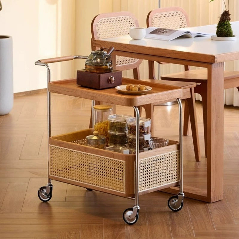 Zeitgenössischer Retro-Webstuhl Imitation Rattan PE Holz Edelstahl Rechteckiger Beweglicher Beistelltisch mit 2-stufigem Stauraum für das Wohnzimmer 