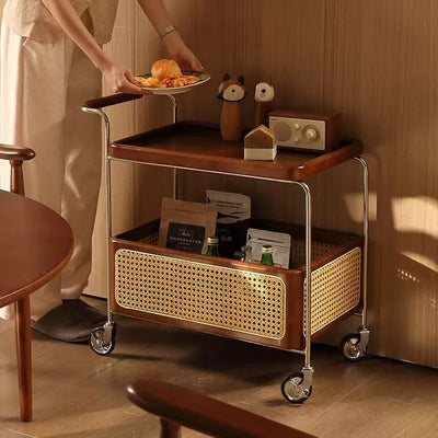 Zeitgenössischer Retro-Webstuhl Imitation Rattan PE Holz Edelstahl Rechteckiger Beweglicher Beistelltisch mit 2-stufigem Stauraum für das Wohnzimmer 
