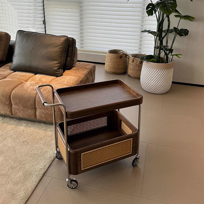 Zeitgenössischer Retro-Webstuhl Imitation Rattan PE Holz Edelstahl Rechteckiger Beweglicher Beistelltisch mit 2-stufigem Stauraum für das Wohnzimmer 