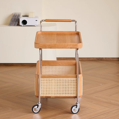 Zeitgenössischer Retro-Webstuhl Imitation Rattan PE Holz Edelstahl Rechteckiger Beweglicher Beistelltisch mit 2-stufigem Stauraum für das Wohnzimmer 