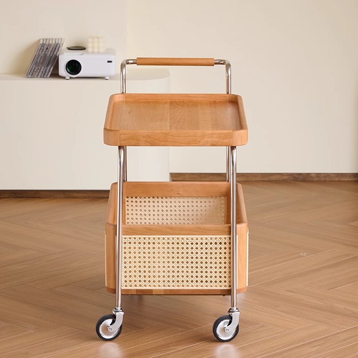 Zeitgenössischer Retro-Webstuhl Imitation Rattan PE Holz Edelstahl Rechteckiger Beweglicher Beistelltisch mit 2-stufigem Stauraum für das Wohnzimmer 