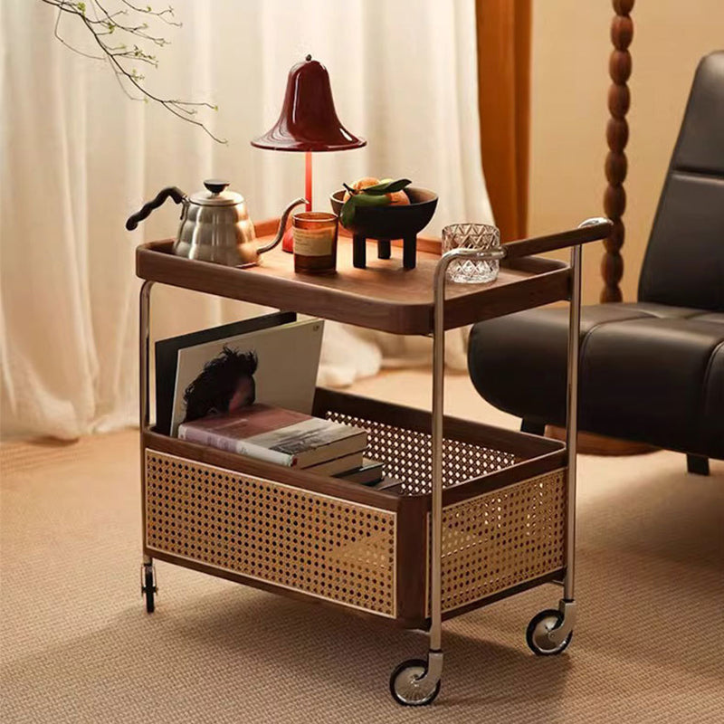 Zeitgenössischer Retro-Webstuhl Imitation Rattan PE Holz Edelstahl Rechteckiger Beweglicher Beistelltisch mit 2-stufigem Stauraum für das Wohnzimmer 