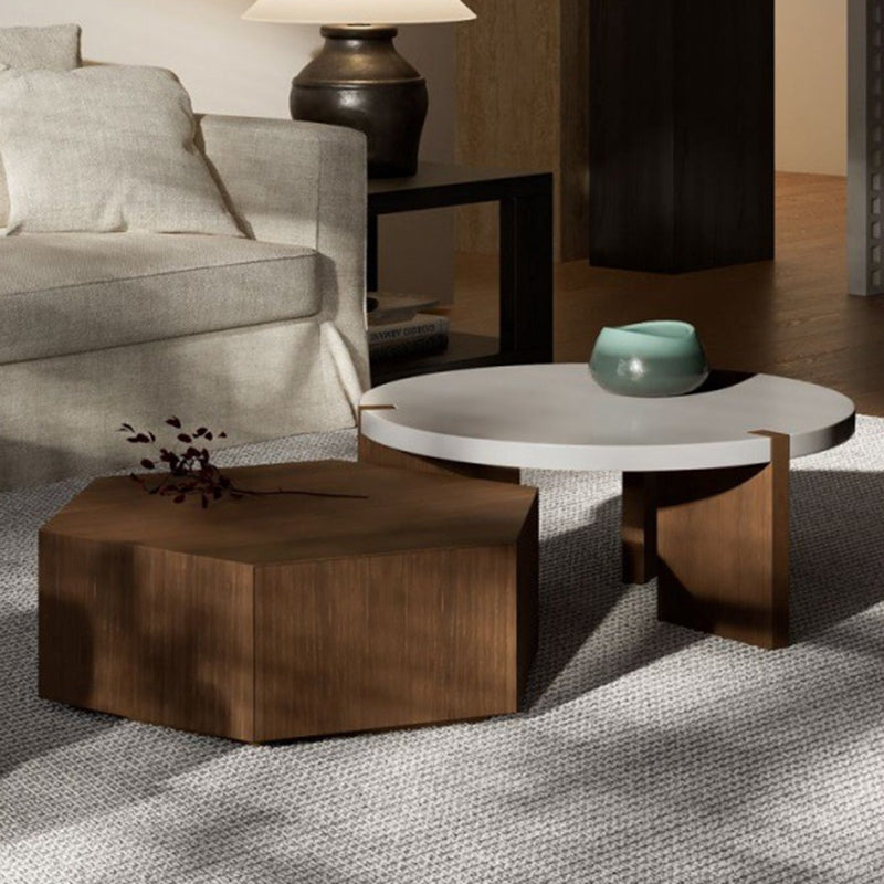 Modern Minimalist Plate Wood Round Hexagon Coffee Table 2-Drawer For Living Room
