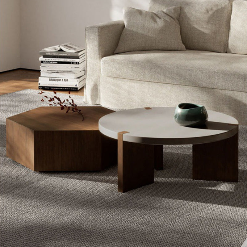 Modern Minimalist Plate Wood Round Hexagon Coffee Table 2-Drawer For Living Room