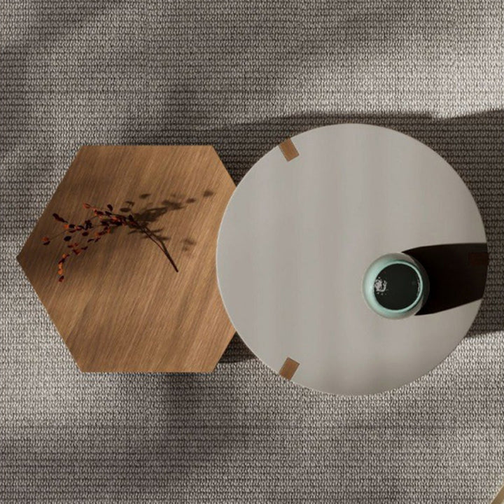 Table basse moderne minimaliste en bois rond hexagonal à 2 tiroirs pour salon 