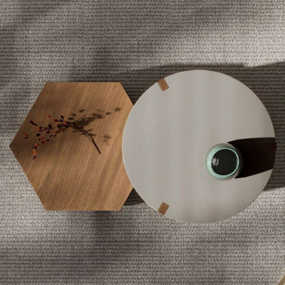 Modern Minimalist Plate Wood Round Hexagon Coffee Table 2-Drawer For Living Room