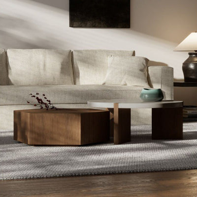 Modern Minimalist Plate Wood Round Hexagon Coffee Table 2-Drawer For Living Room