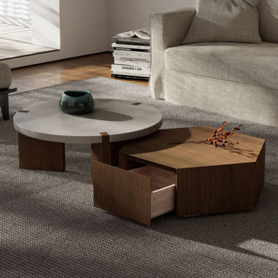 Modern Minimalist Plate Wood Round Hexagon Coffee Table 2-Drawer For Living Room