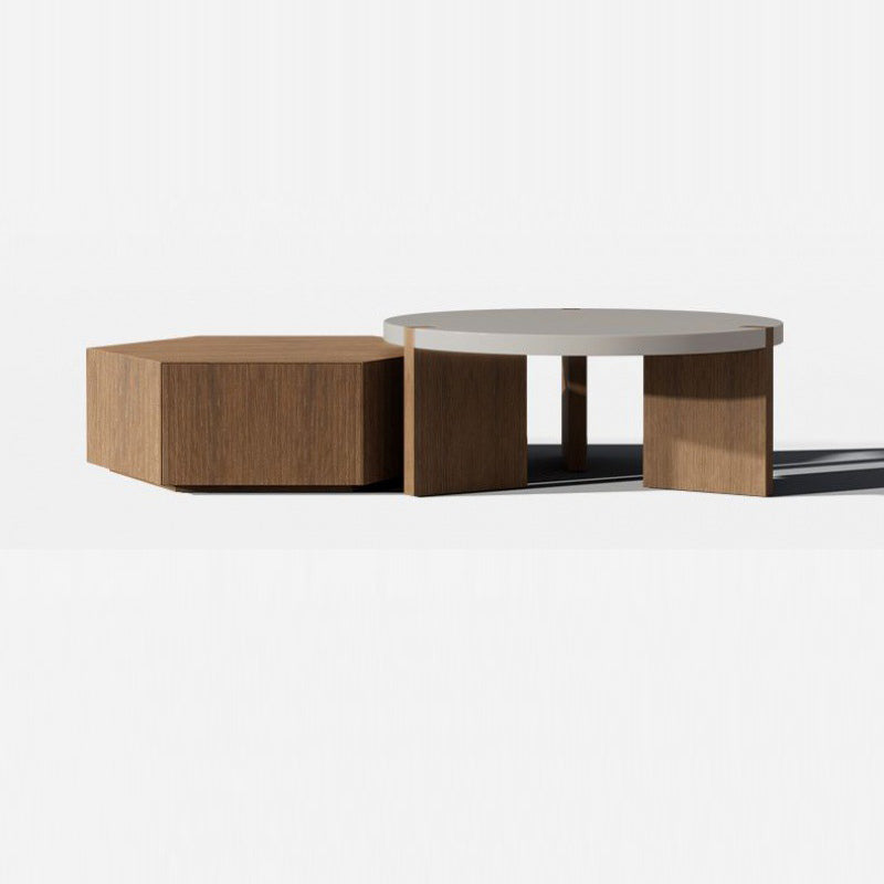 Modern Minimalist Plate Wood Round Hexagon Coffee Table 2-Drawer For Living Room