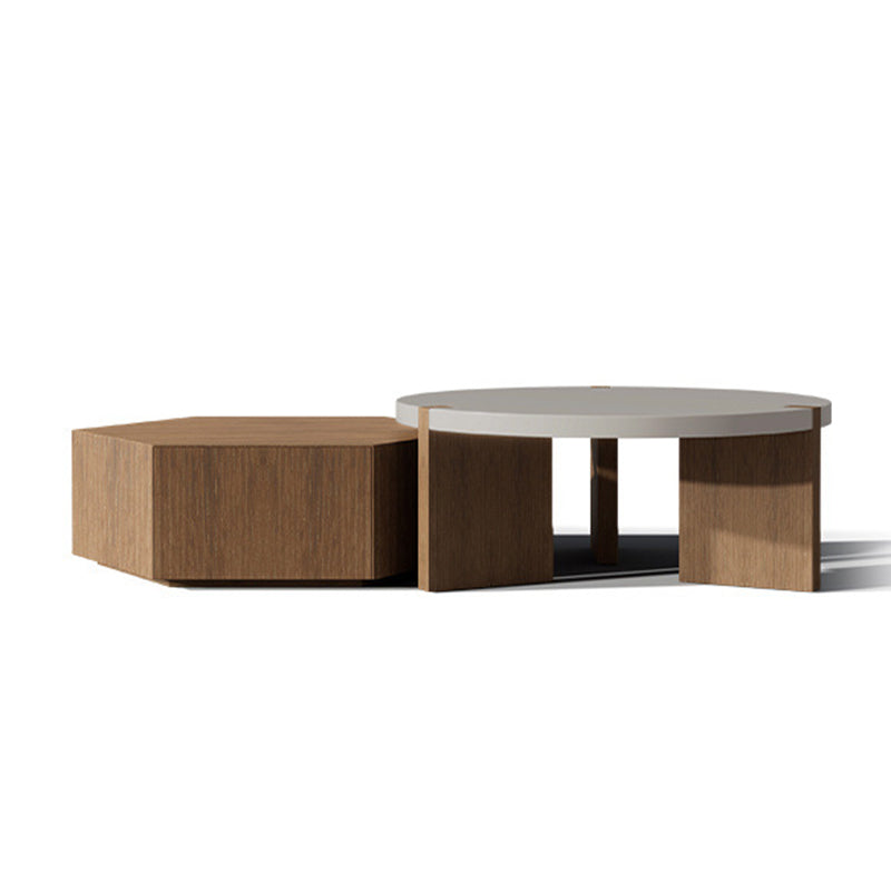 Modern Minimalist Plate Wood Round Hexagon Coffee Table 2-Drawer For Living Room