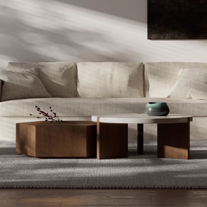 Modern Minimalist Plate Wood Round Hexagon Coffee Table 2-Drawer For Living Room