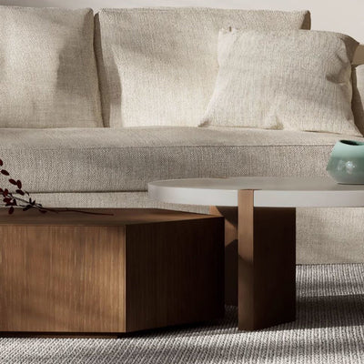 Modern Minimalist Plate Wood Round Hexagon Coffee Table 2-Drawer For Living Room