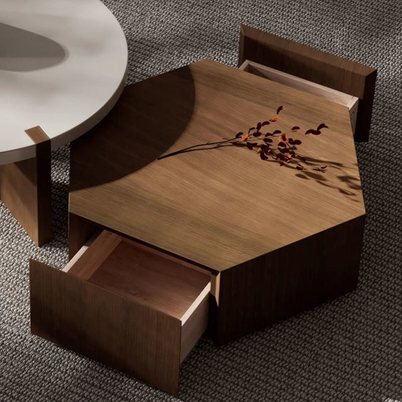 Modern Minimalist Plate Wood Round Hexagon Coffee Table 2-Drawer For Living Room