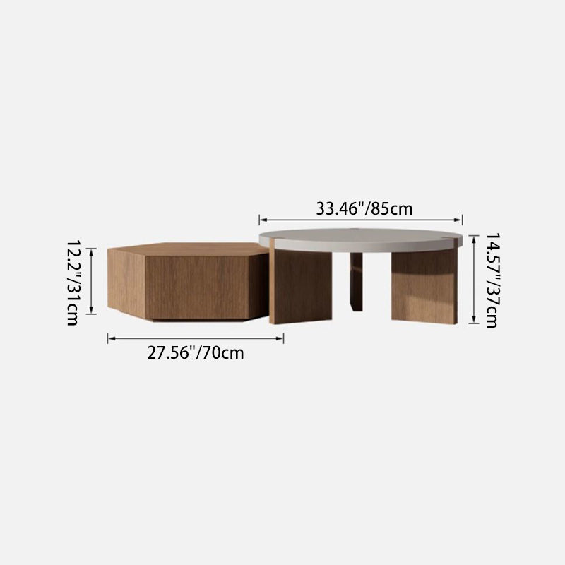 Modern Minimalist Plate Wood Round Hexagon Coffee Table 2-Drawer For Living Room