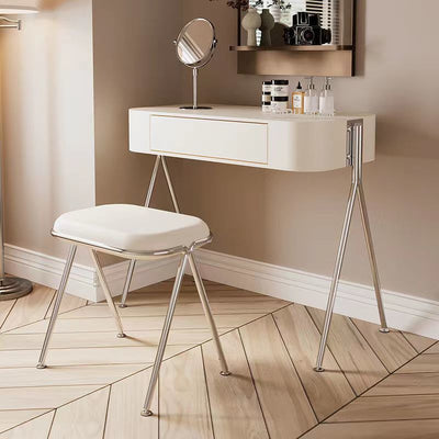مجموعة طاولة مكياج مستطيلة من الفولاذ المقاوم للصدأ و MDF بتصميم عصري بسيط مع كرسي ومقعد بدرج واحد لغرفة النوم 