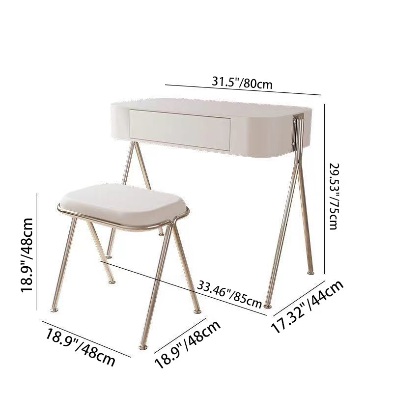 مجموعة طاولة مكياج مستطيلة من الفولاذ المقاوم للصدأ و MDF بتصميم عصري بسيط مع كرسي ومقعد بدرج واحد لغرفة النوم 