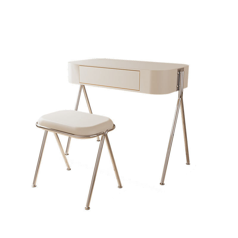 مجموعة طاولة مكياج مستطيلة من الفولاذ المقاوم للصدأ و MDF بتصميم عصري بسيط مع كرسي ومقعد بدرج واحد لغرفة النوم 