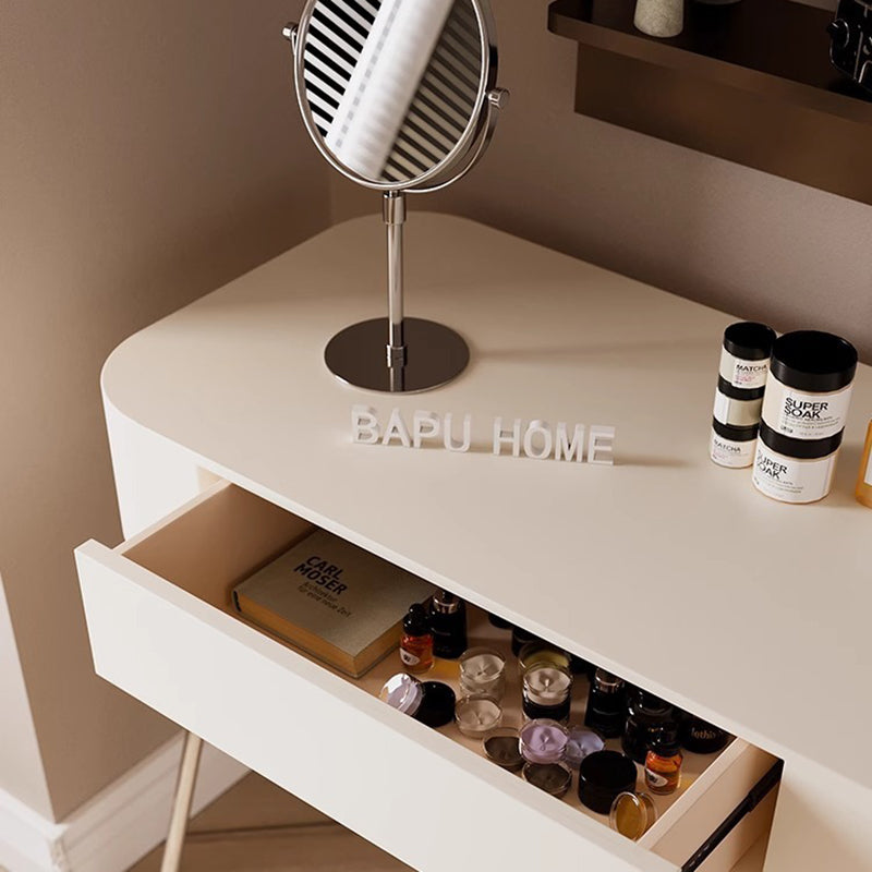 مجموعة طاولة مكياج مستطيلة من الفولاذ المقاوم للصدأ و MDF بتصميم عصري بسيط مع كرسي ومقعد بدرج واحد لغرفة النوم 
