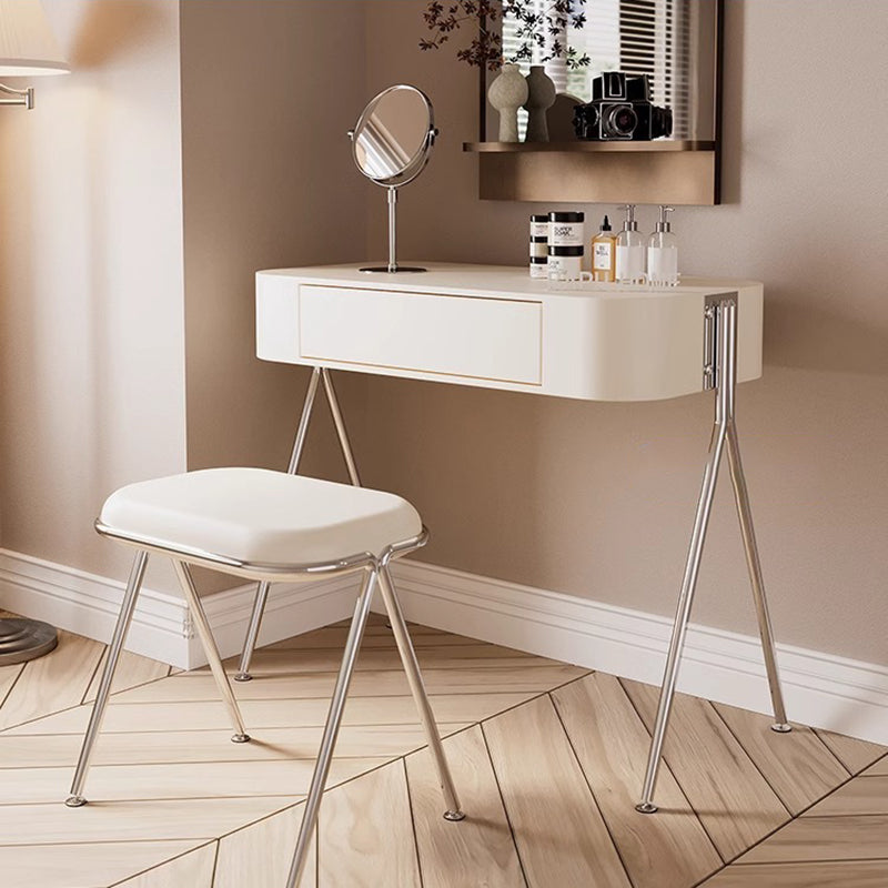 مجموعة طاولة مكياج مستطيلة من الفولاذ المقاوم للصدأ و MDF بتصميم عصري بسيط مع كرسي ومقعد بدرج واحد لغرفة النوم 