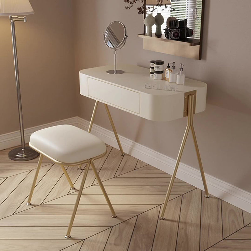 مجموعة طاولة مكياج مستطيلة من الفولاذ المقاوم للصدأ و MDF بتصميم عصري بسيط مع كرسي ومقعد بدرج واحد لغرفة النوم 