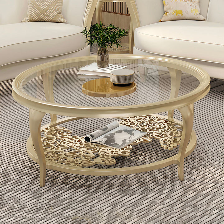 Traditioneller europäischer Couchtisch aus verstärktem Glas und Holz mit runder Durchbruchsschnitzerei, 2-stufig, für Wohnzimmer 