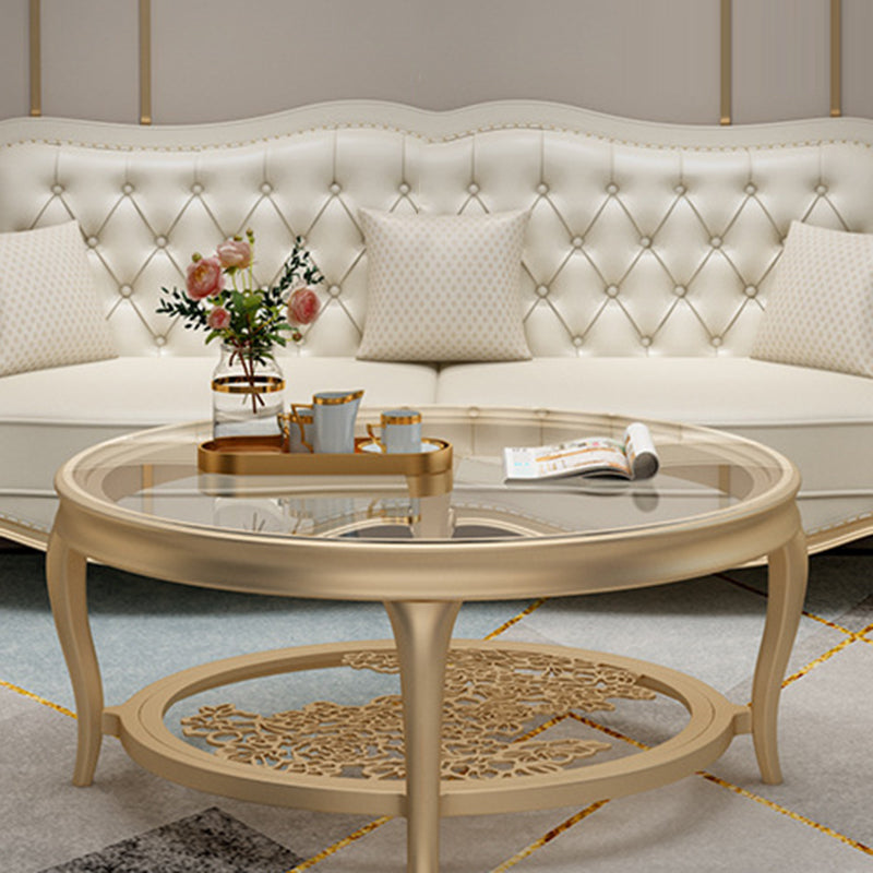 Traditional European Reinforced Glass Wood Round Openwork Carved Coffee Table 2-Tier For Living Room