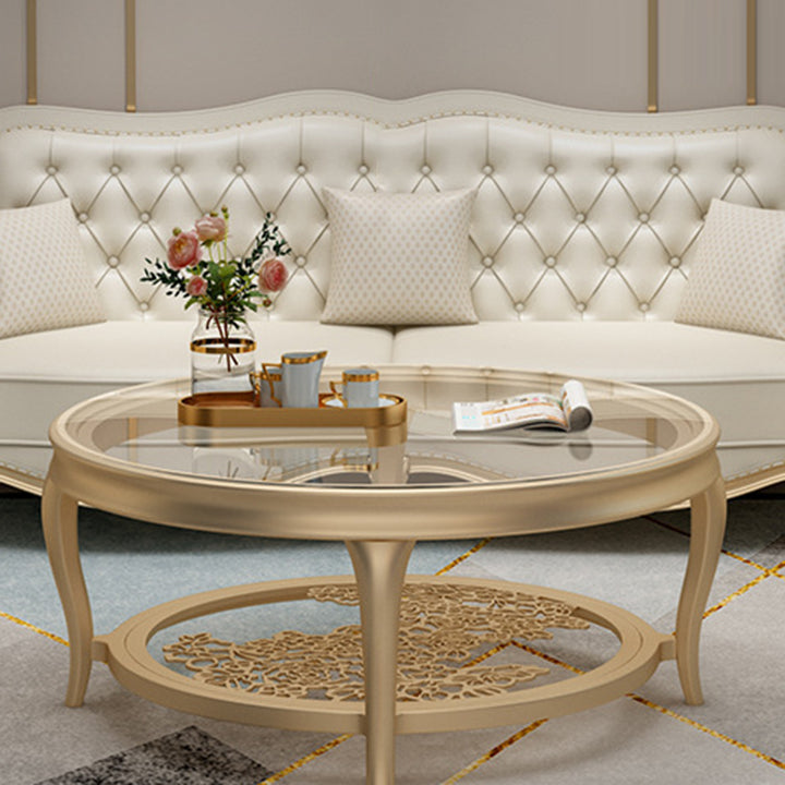 Traditional European Reinforced Glass Wood Round Openwork Carved Coffee Table 2-Tier For Living Room