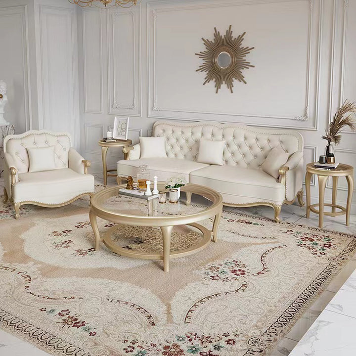 Traditional European Reinforced Glass Wood Round Openwork Carved Coffee Table 2-Tier For Living Room
