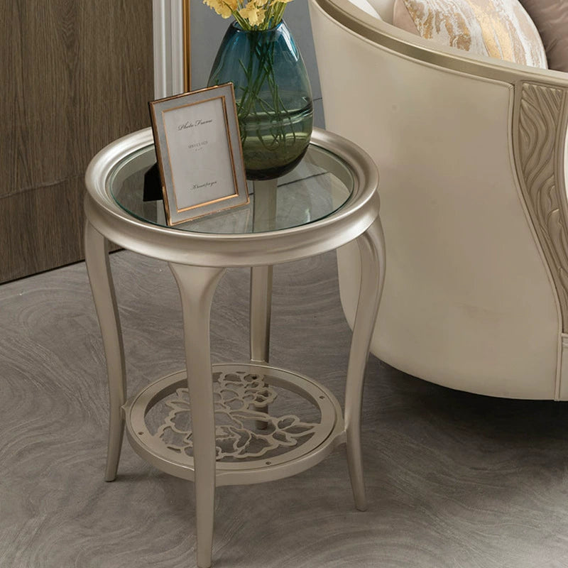 Traditional European Reinforced Glass Wood Round Openwork Carved Coffee Table 2-Tier For Living Room
