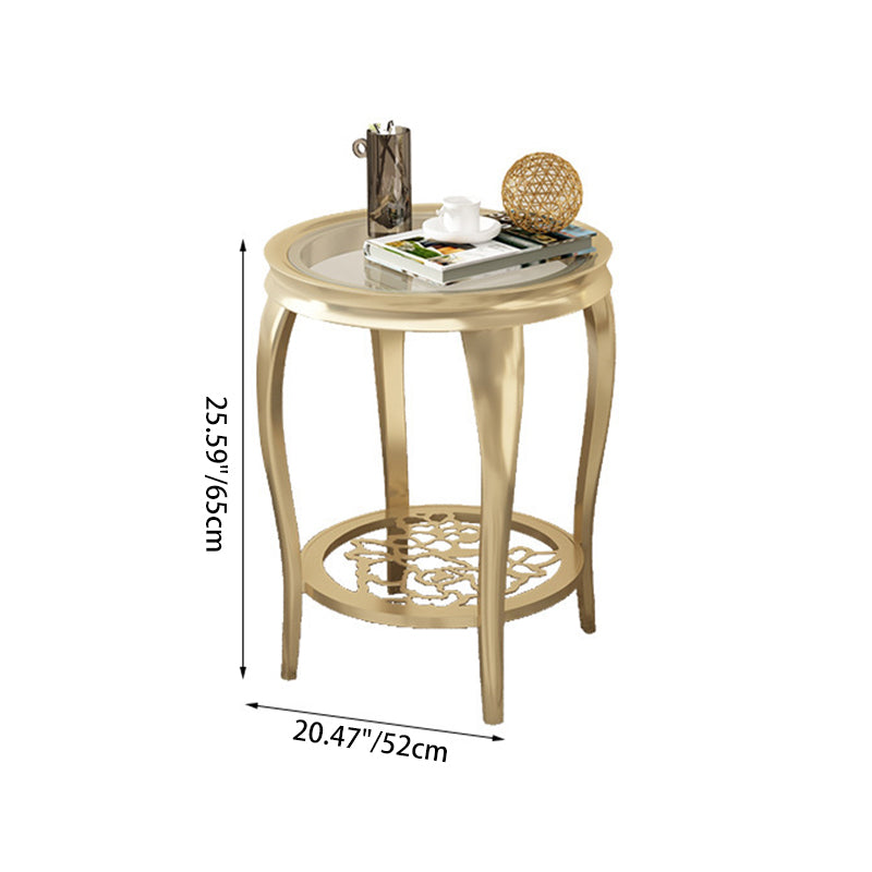 Traditional European Reinforced Glass Wood Round Openwork Carved Coffee Table 2-Tier For Living Room