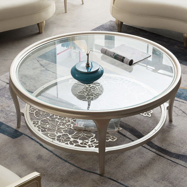 Traditional European Reinforced Glass Wood Round Openwork Carved Coffee Table 2-Tier For Living Room