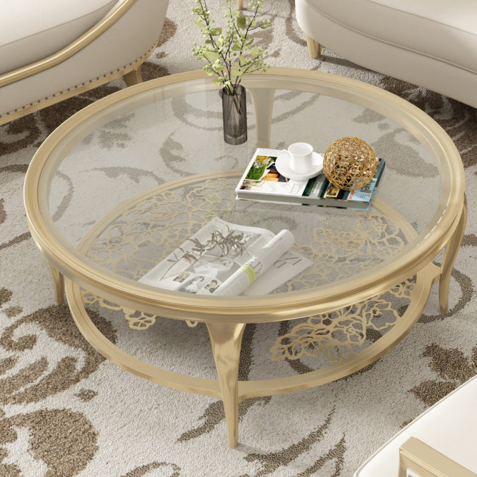 Traditional European Reinforced Glass Wood Round Openwork Carved Coffee Table 2-Tier For Living Room