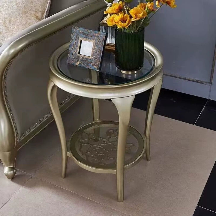 Traditional European Reinforced Glass Wood Round Openwork Carved Coffee Table 2-Tier For Living Room
