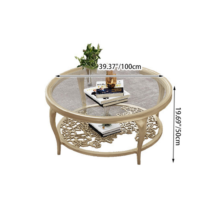 Traditional European Reinforced Glass Wood Round Openwork Carved Coffee Table 2-Tier For Living Room