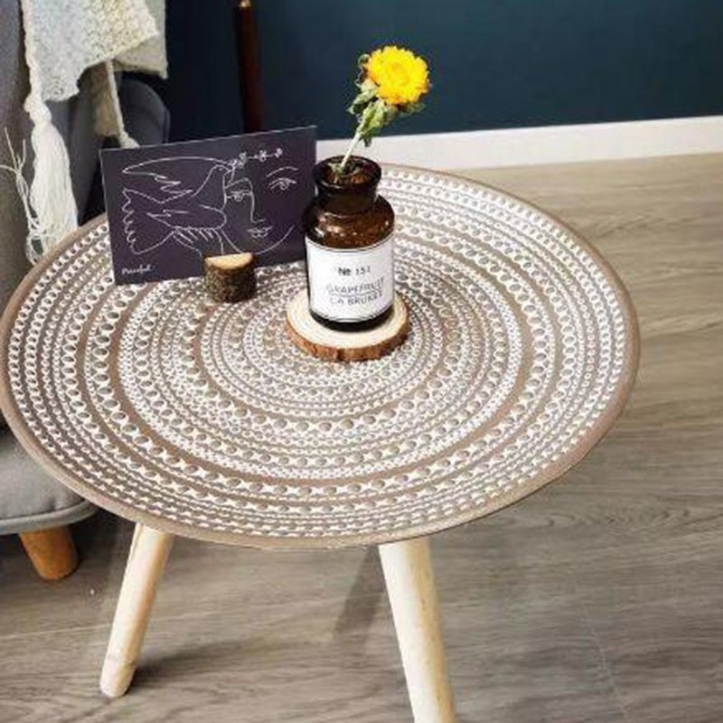 Contemporary Nordic MDF Pine Wood Round Sun Flower Shell Pattern Cement Bead Coffee Table 1-Tray For Living Room