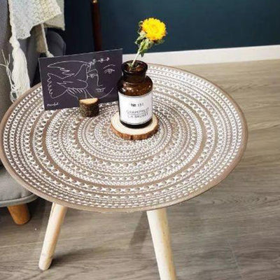 طاولة قهوة معاصرة من خشب الصنوبر الشمالي MDF بنمط زهرة عباد الشمس الدائري وخرز إسمنتي وصينية واحدة لغرفة المعيشة 