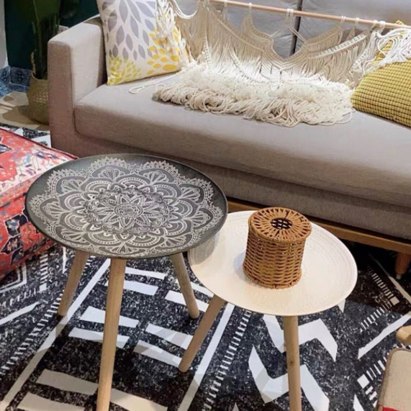 Contemporary Nordic MDF Pine Wood Round Sun Flower Shell Pattern Cement Bead Coffee Table 1-Tray For Living Room
