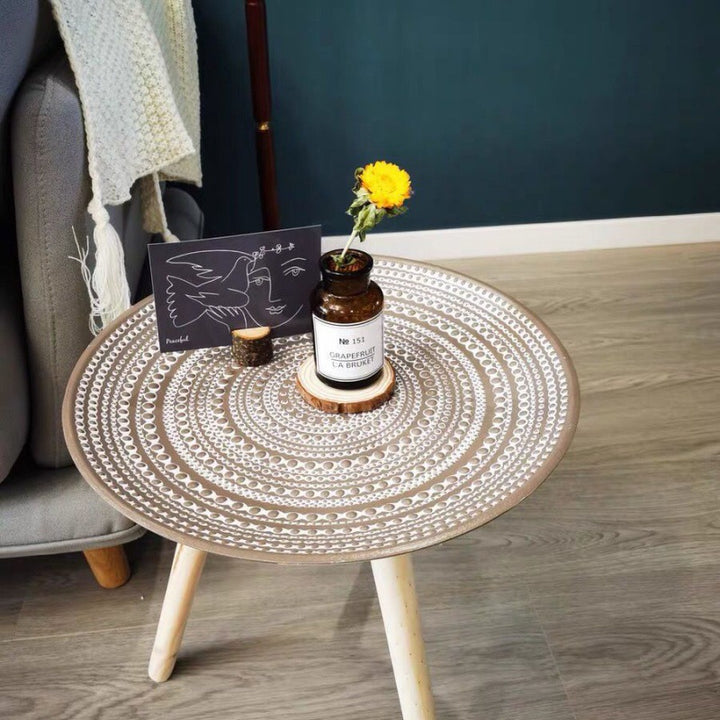 Contemporary Nordic MDF Pine Wood Round Sun Flower Shell Pattern Cement Bead Coffee Table 1-Tray For Living Room