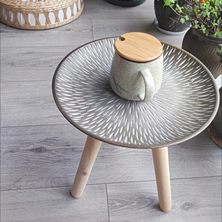 Contemporary Nordic MDF Pine Wood Round Sun Flower Shell Pattern Cement Bead Coffee Table 1-Tray For Living Room