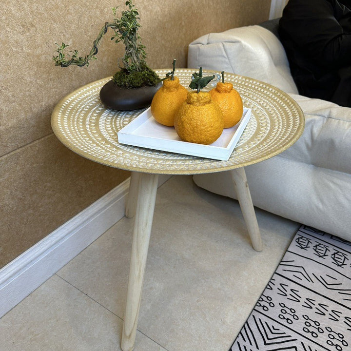 Contemporary Nordic MDF Pine Wood Round Sun Flower Shell Pattern Cement Bead Coffee Table 1-Tray For Living Room