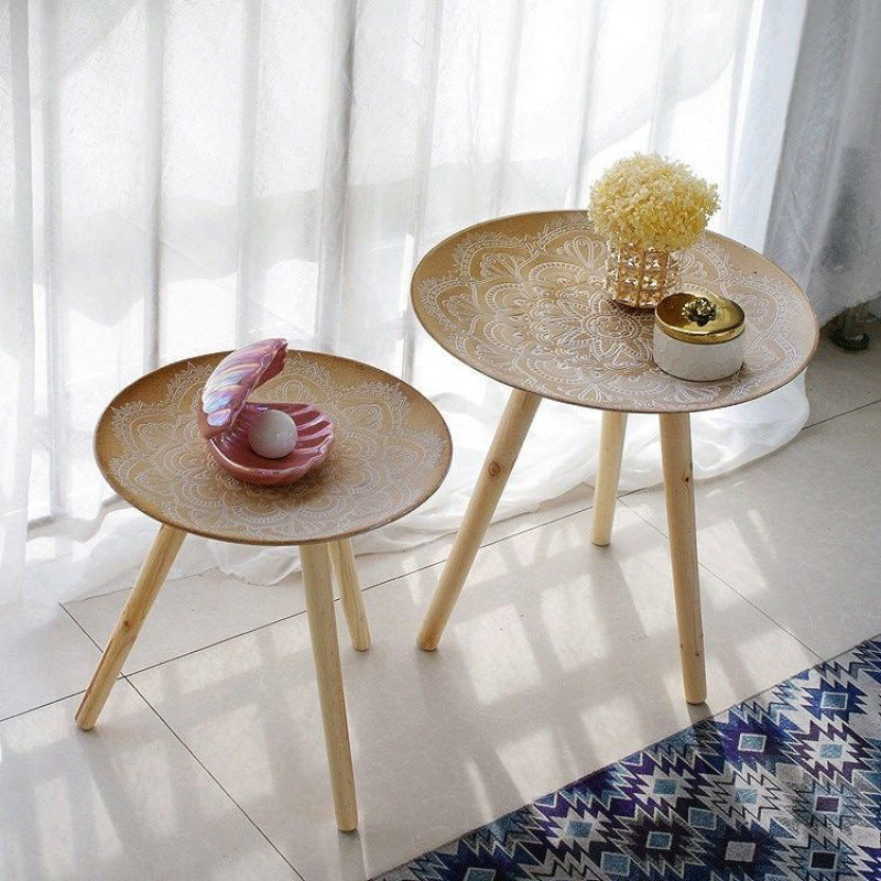 Contemporary Nordic MDF Pine Wood Round Sun Flower Shell Pattern Cement Bead Coffee Table 1-Tray For Living Room