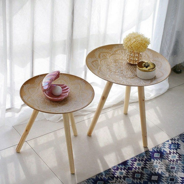 Contemporary Nordic MDF Pine Wood Round Sun Flower Shell Pattern Cement Bead Coffee Table 1-Tray For Living Room