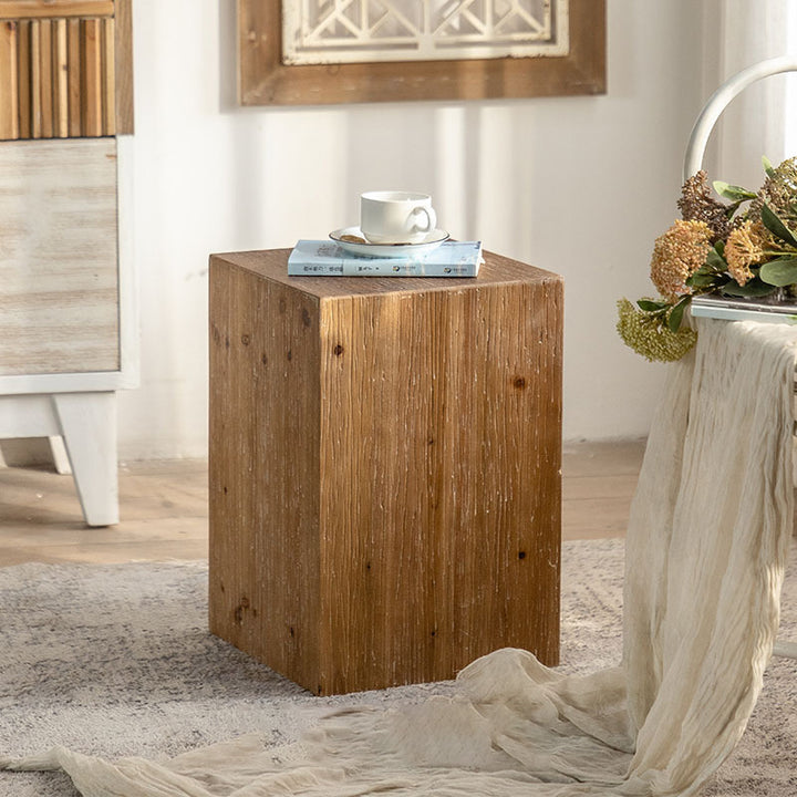Traditioneller Vintage Zylinder aus Tannenholz, quadratischer Holzkorn-Endtisch für das Wohnzimmer 