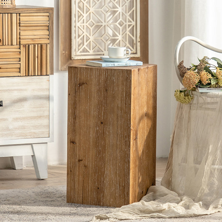 Traditioneller Vintage Zylinder aus Tannenholz, quadratischer Holzkorn-Endtisch für das Wohnzimmer 