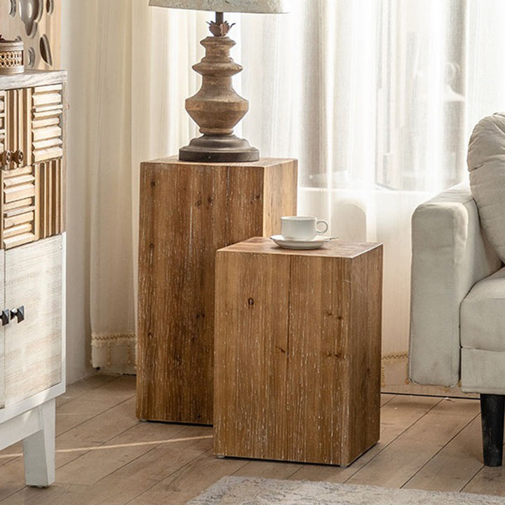 Traditioneller Vintage Zylinder aus Tannenholz, quadratischer Holzkorn-Endtisch für das Wohnzimmer 