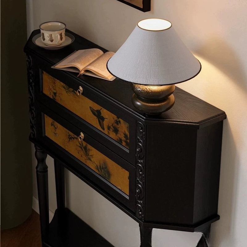 Traditional French Ash Wood Muslin Trapezoidal Carved Side Table 2-Cabinet For Entryway